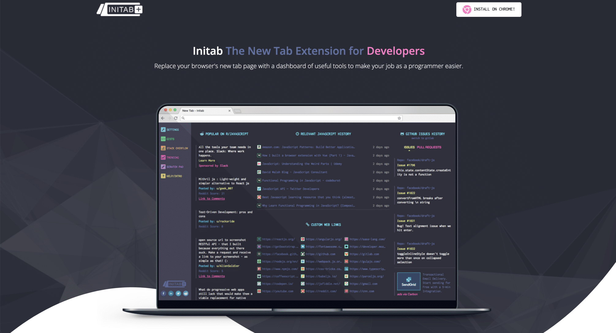 INITAB : Page d’accueil pour développeur.